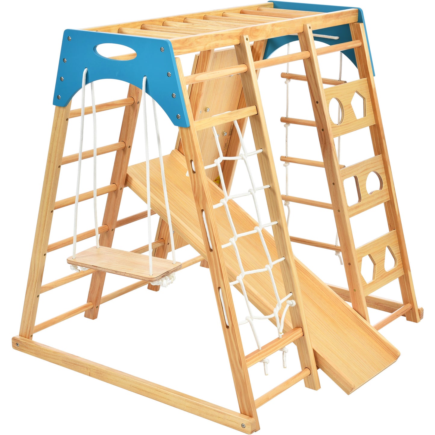 Wooden Indoor Kids Playground Jungle Gym with Slide, 8-in-1 Playset, Rock Climbing Wall, Monkey Bars, and Swing - Toddlers Wooden Climber with Rope Wall Climb - Color & Size Options Available