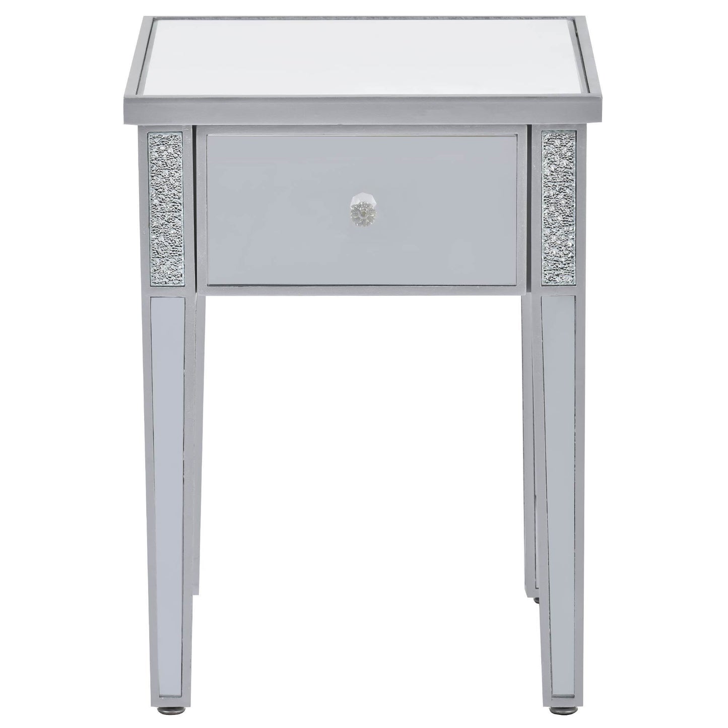 ON-TREND Modern Glass Mirrored End Table with Drawer, Crystal Handles, Adjustable Height Legs - Silver