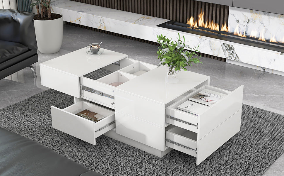 ON-TREND Extendable Coffee Table with 4 Drawers, Hidden Storage, UV High-gloss, Sliding Top - White, 35.4"x 23.6"