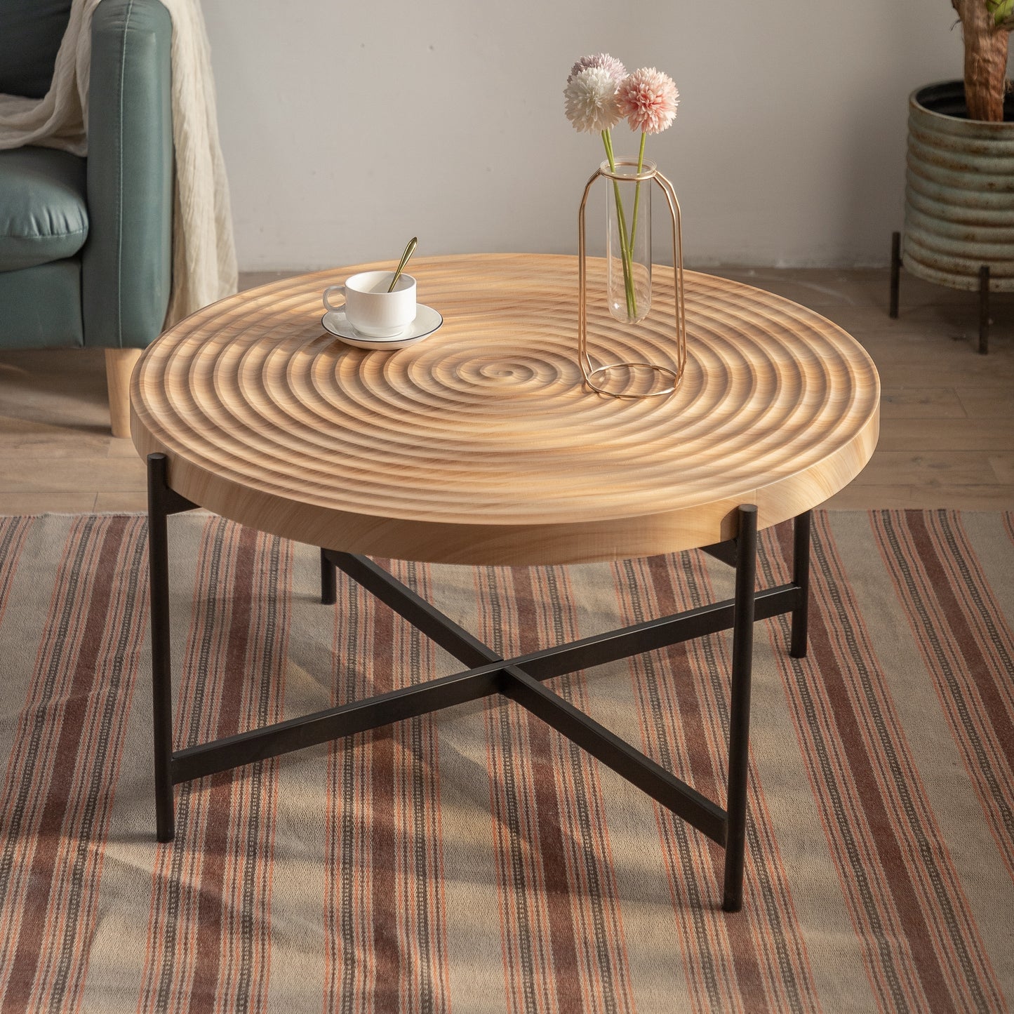 33" Modern Thread Design Round Coffee Table - MDF Table Top, Cross Legs Metal Base - Stylish, Contemporary Furniture - Available in Multiple Colors and Sizes