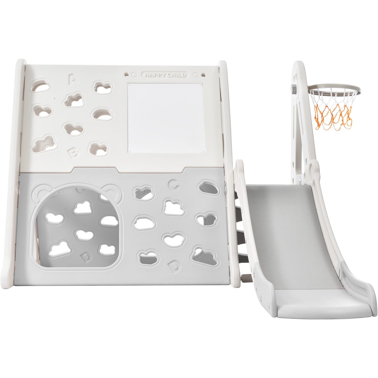 7-in-1 Toddler Climber and Slide Set - Kids Playground Climber Slide Playset with Tunnel, Whiteboard, Building Block Baseplates, and Basketball Hoop Combination - White, Compact Size