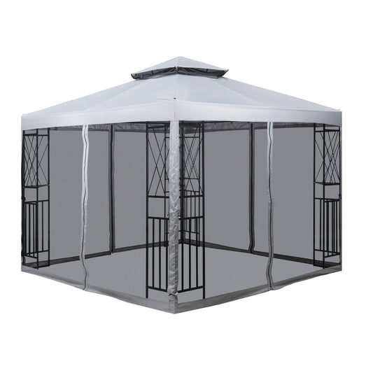 10' x 10' Patio Gazebo with Mosquito Net & Corner Shelves - Light Gray: Enjoy Sheltered Outdoor Space with Added Storage & Insect Protection