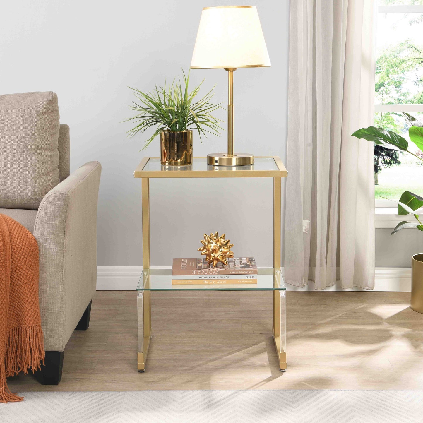 2-Tier Acrylic Glass End Table for Living Room&Bedroom - Stylish and Functional Side Table with Golden Finish, Perfect for Any Décor