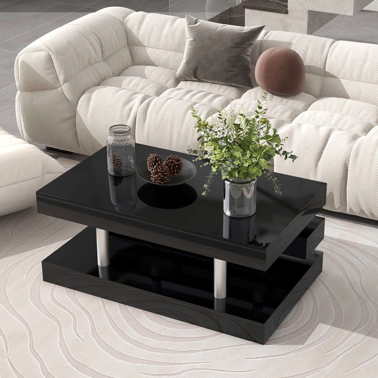 ON-TREND 2-Tier Coffee Table, Silver Metal Legs, High-gloss UV Surface, Minimalist Design, Living Room Center Table, Black Rectangle Cocktail Table