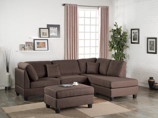 3pcs Sectional Living Room Furniture Reversible Chaise Sofa And Ottoman - Chocolate Color Polyfiber Linen Like Fabric Cushion Couch