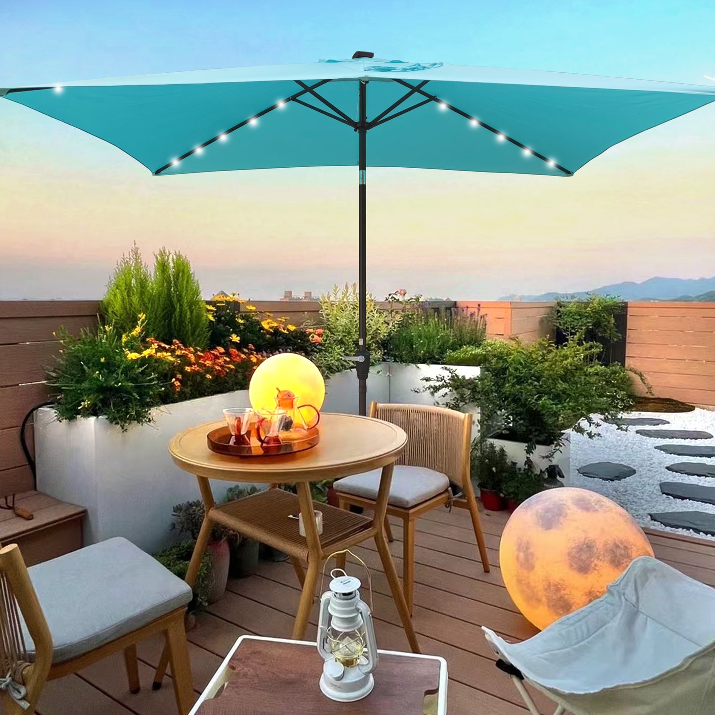 10 x 6.5t Rectangular Patio Solar LED Lighted Outdoor Umbrellas with Crank and Push Button Tilt – Ideal Garden, Backyard, and Poolside Shade Solution