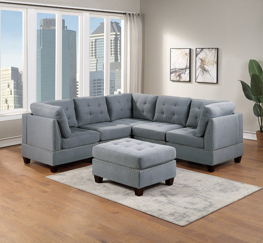 Modular Sectional Living Room Furniture Set - Gray Linen-Like Fabric, Tufted Nail Heads, 3x Corner Wedge, 2x Armless Chairs, 1x Ottoman