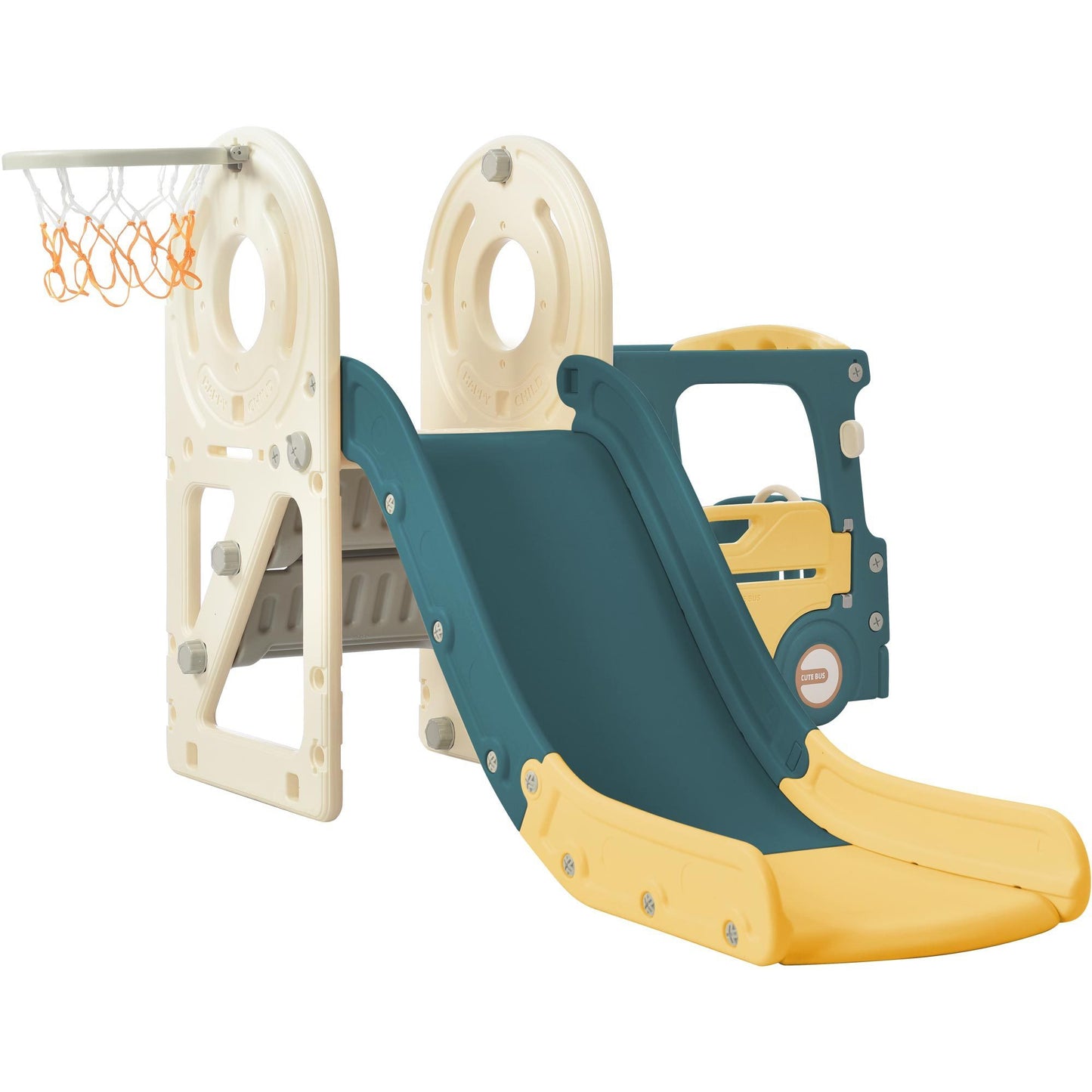 Kids Slide with Bus Play Structure, Freestanding Toy for Toddlers, Slide Set with Basketball Hoop - Fun Slide for Active Play, Includes Bus Theme Features, Suitable for Indoor and Outdoor Use, Available in Various Colors and Sizes