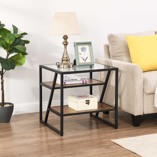 Black Side Table with Storage Shelf, Tempered Glass Coffee Table - Metal Frame for Living Room & Bed Room