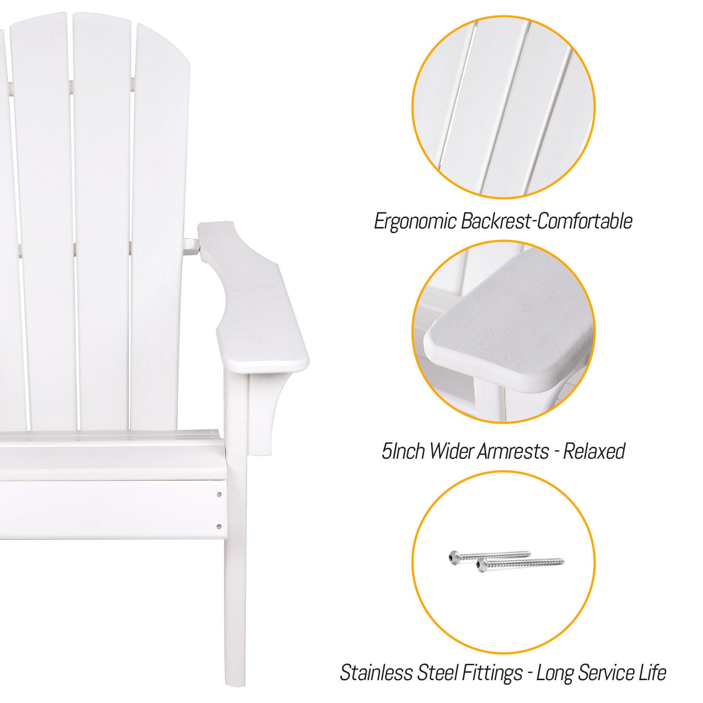 HDPE Adirondack Chair: Sunlight Resistant, Snowstorm Resistant, Outdoor Chair for Patios, Decks, Gardens, Fire Pits, Campfires - White, Ergonomic Comfort, Wide Use (220 characters)