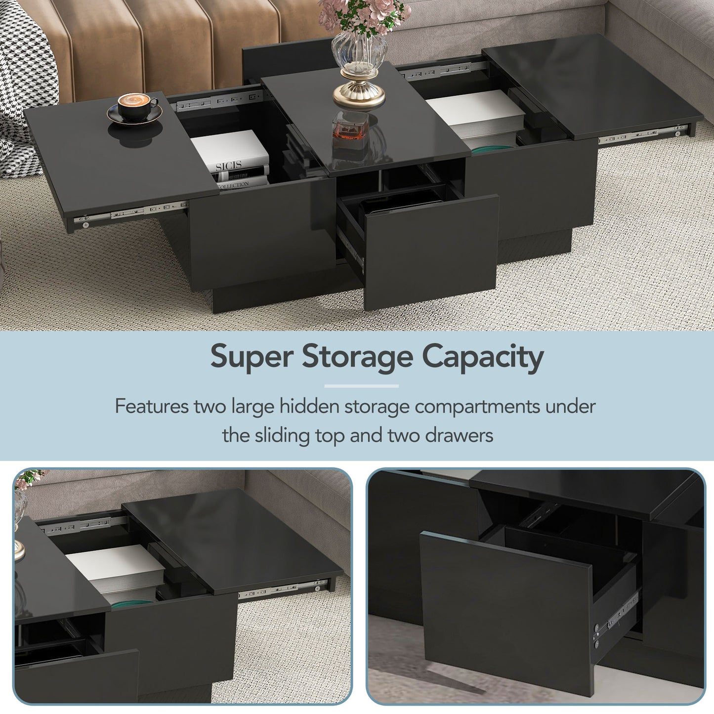 ON-TREND Multifunctional Coffee Table with Hidden Storage, Extendable Cocktail Table with Drawers, High-gloss Center Table for Living Room, 39.3"x21.6", Black