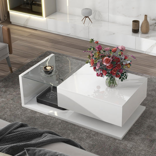 ON-TREND Modern Coffee Table with Tempered Glass, Wooden Cocktail Table, High-gloss UV Surface, 2-Tier Rectangle Center Table for Living Room, White