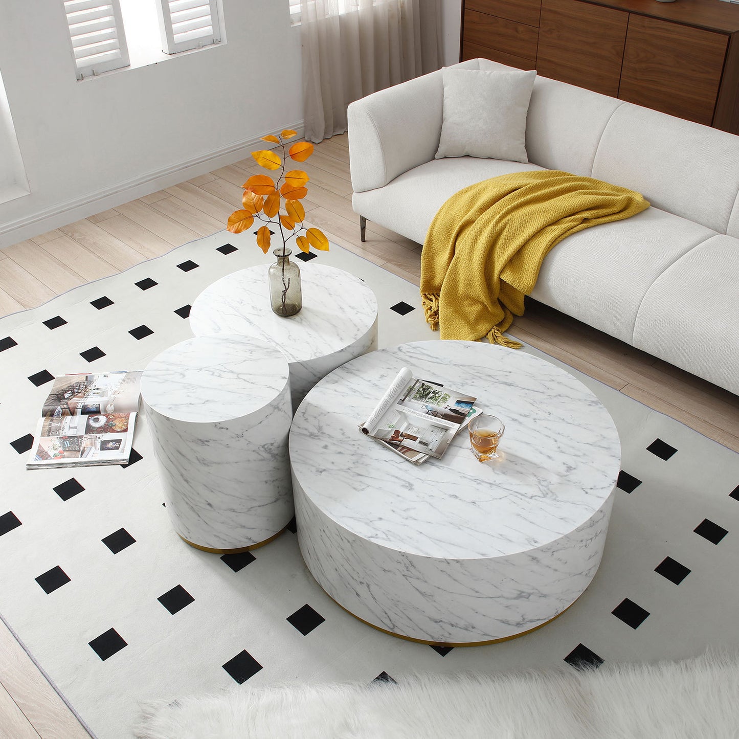 Set of 3 White Marble Pattern Round Coffee Tables: Fully Assembled Living Room Side & End Table Set - Elegant Design, Sturdy Construction, Ideal for Small Spaces - 220 letters.