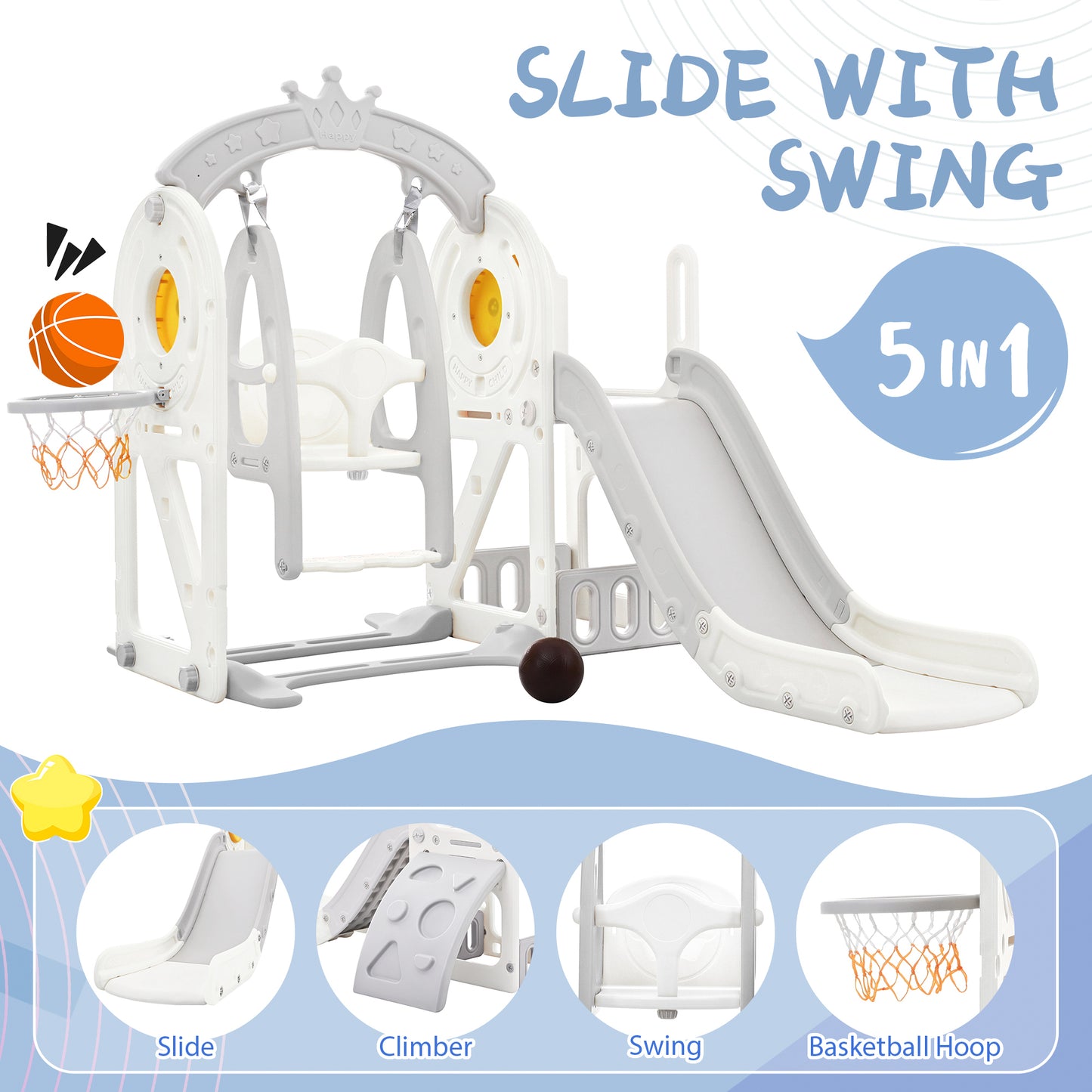 Toddler Slide and Swing Set 5 in 1: Kids Playground Climber Slide Playset with Basketball Hoop, Freestanding Combination for Babies - Indoor & Outdoor, Safe and Fun, Compact Design, Easy Assembly, Multiple Activities, Suitable for Toddlers, Pink