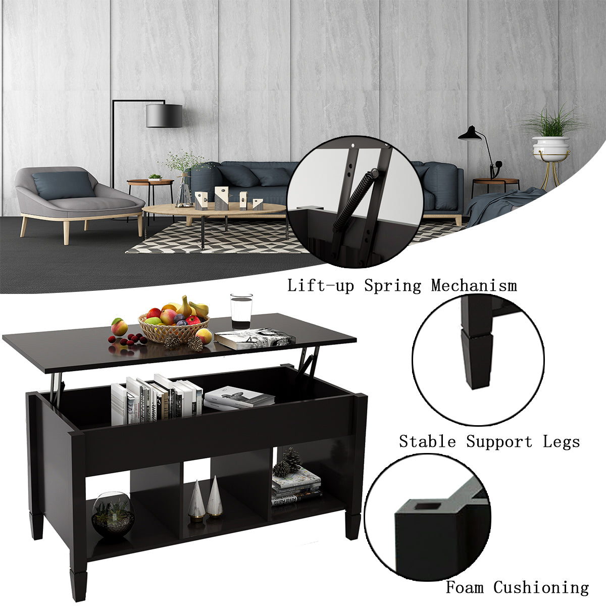 Lift Top Coffee Table - Black: Modern Design, Adjustable Height, Spacious Storage, Sturdy Construction, Elegant Finish