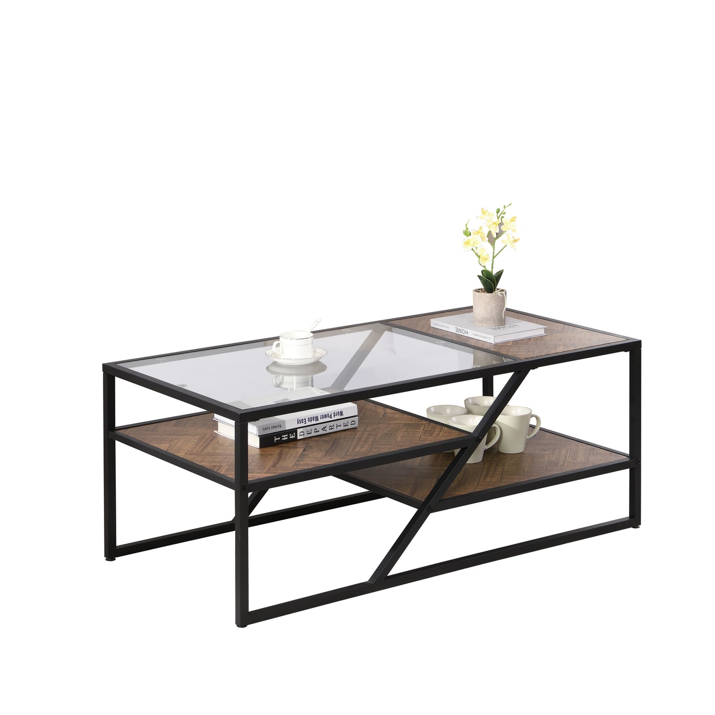 Black Coffee Table with Storage Shelf, Tempered Glass & Metal Frame for Living Room & Bedroom - Stylish, Functional Furniture for Home Décor