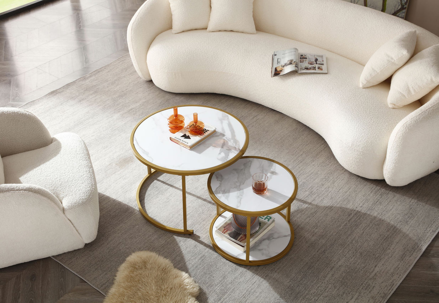 Marble Pattern MDF Top, Gold Metal Frame Nesting Coffee Table Set of 2 - Modern Style, Elegant Design, Space-saving Solution, Black & White Colors, Various Sizes Available