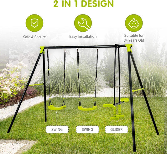 Triple Children Metal Safe Swing Set 440lbs for Outdoor Playground - Black/Green, 3 Seats, Age 3+.