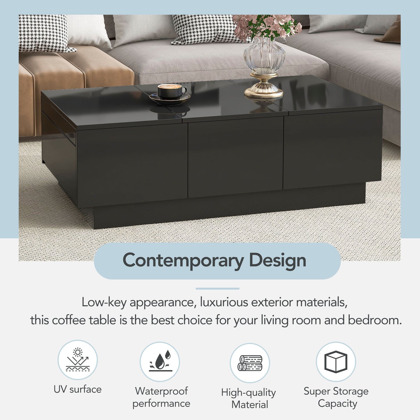 ON-TREND Multifunctional Coffee Table with Hidden Storage, Extendable Cocktail Table with Drawers, High-gloss Center Table for Living Room, 39.3"x21.6", Black