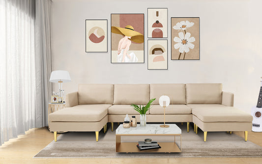 Modern Convertible Sectional Sofa in Beige Polyester: Elegant, Versatile, and Spacious Furniture for Your Living Space