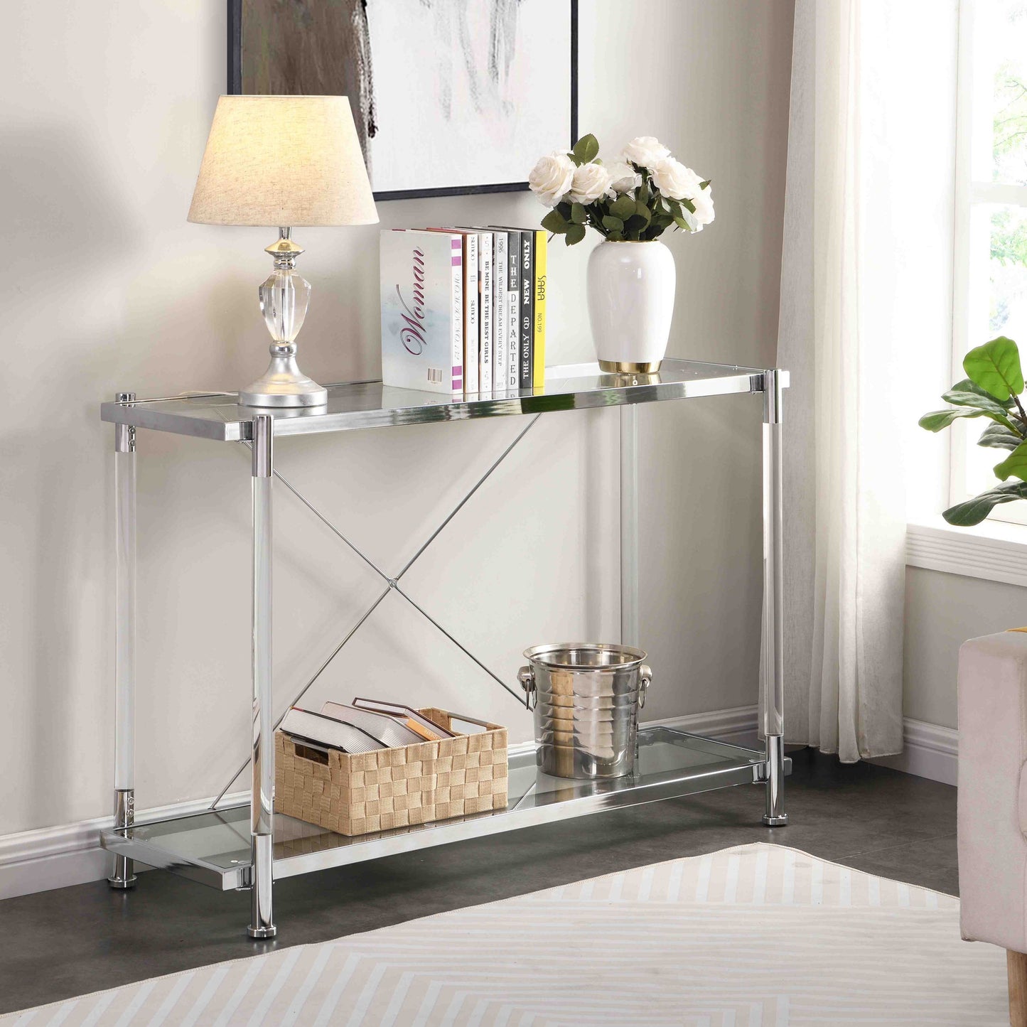 43.31'' Chrome Glass Sofa Table: Acrylic Side Console for Living Room & Bedroom - Elegant and Versatile Furniture Piece with Generous Size