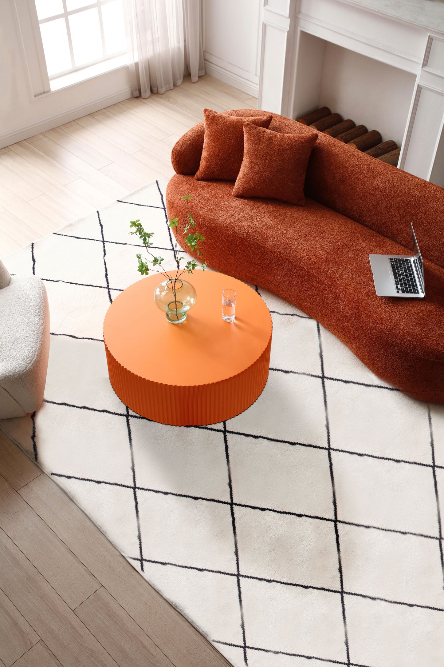 Stylish Round MDF Coffee Table with Handcraft Relief Design - Bright Orange φ35.43inch