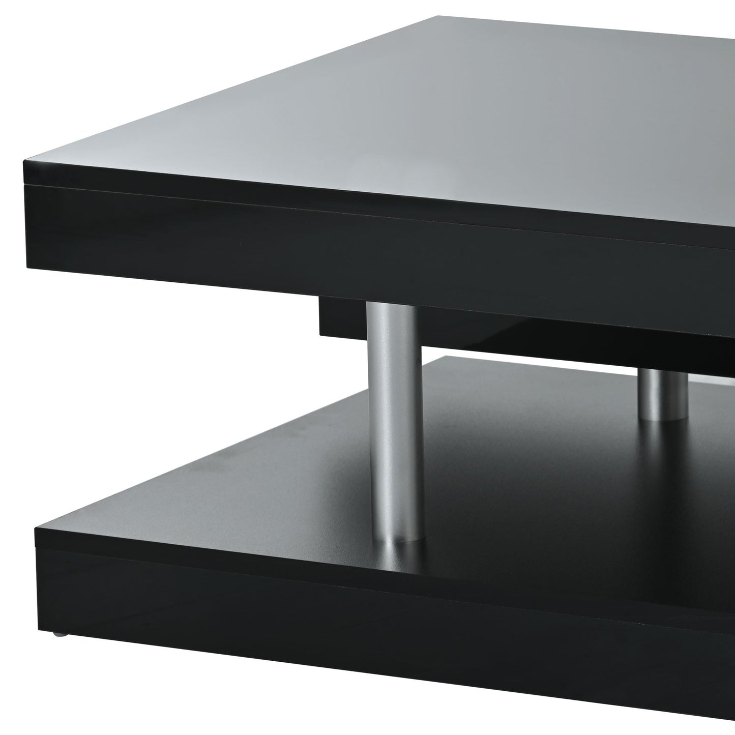 ON-TREND 2-Tier Coffee Table, Silver Metal Legs, High-gloss UV Surface, Minimalist Design, Living Room Center Table, Black Rectangle Cocktail Table