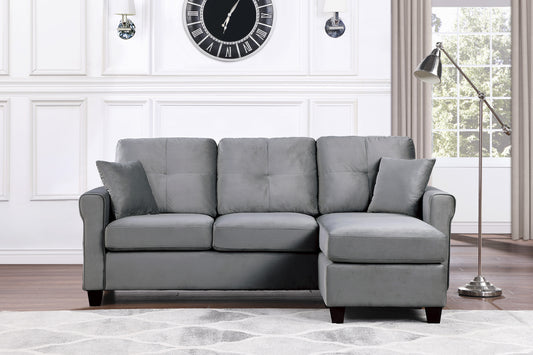 Reversible Config. 1pc Sectional Sofa, 2 Pillows, Gray Velvet Fabric, Tufted Back, Living Room Furniture