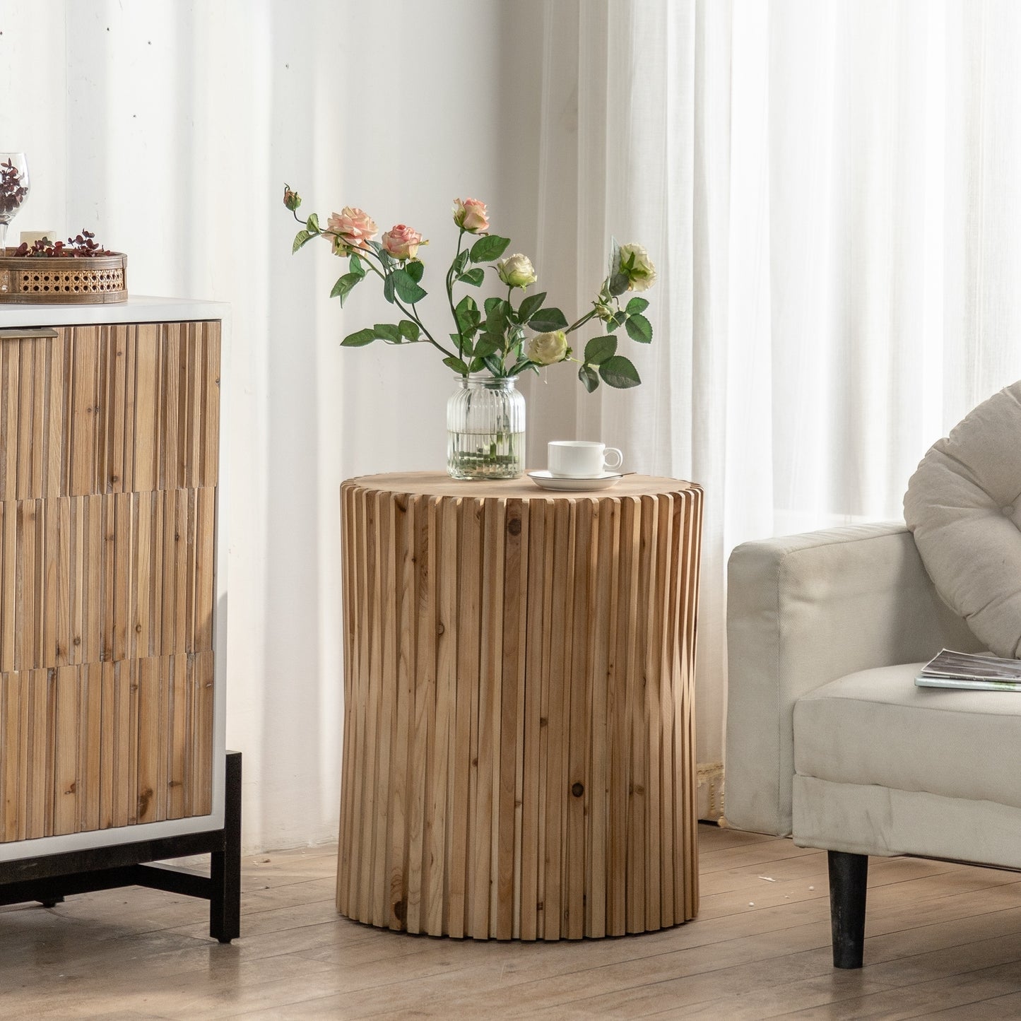 Retro Fashion Style Cylindrical Coffee Table with Vertical Texture Relief Design: Perfect for Living Room, Office, and Dining Room Décor - Available in Various Colors and Sizes!