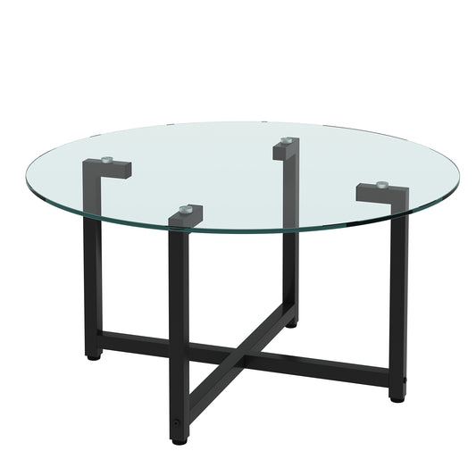 Round Transparent Glass+Black Leg Coffee Table, Modern Side Center Table for Living Room Furniture, Clear, Size: Medium