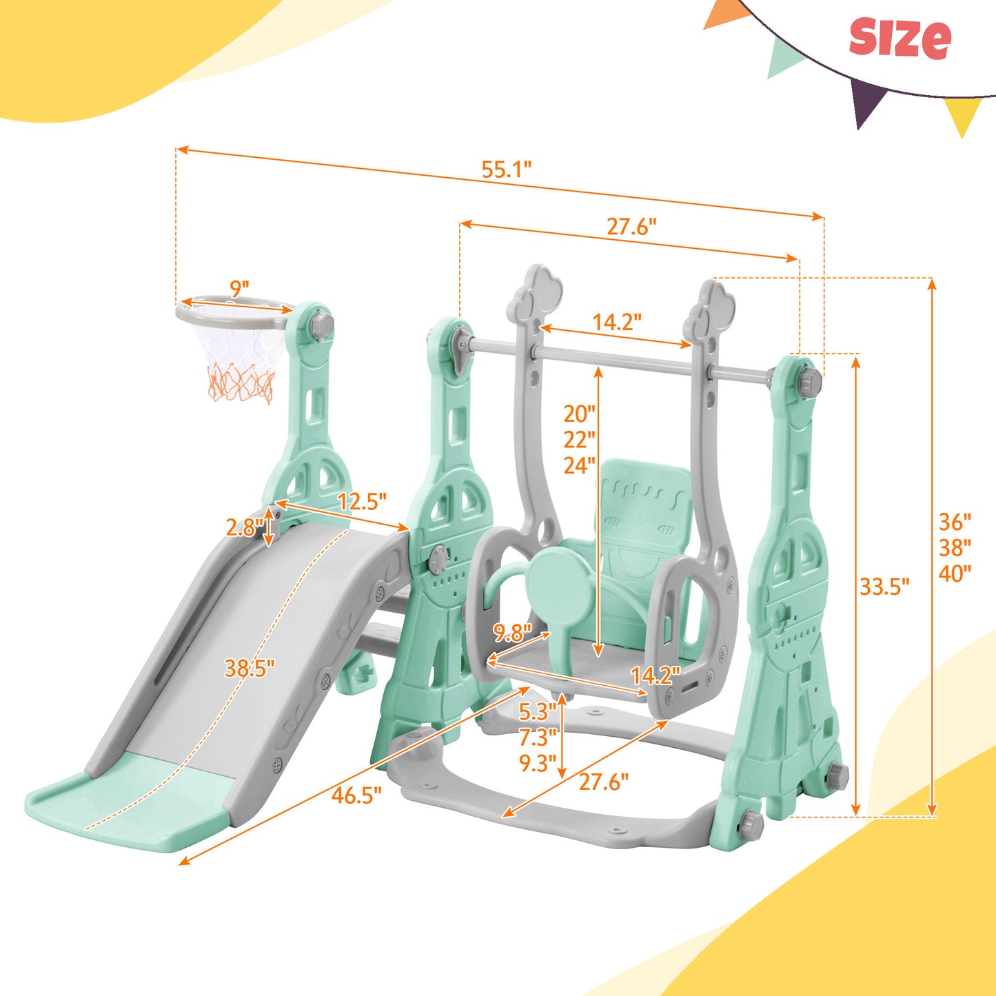 Toddler Slide and Swing Set 3 in 1: Kids Playground Climber Swing Playset with Basketball Hoops - Freestanding Combination for Indoor & Outdoor Use, Available in Various Sizes and Colors