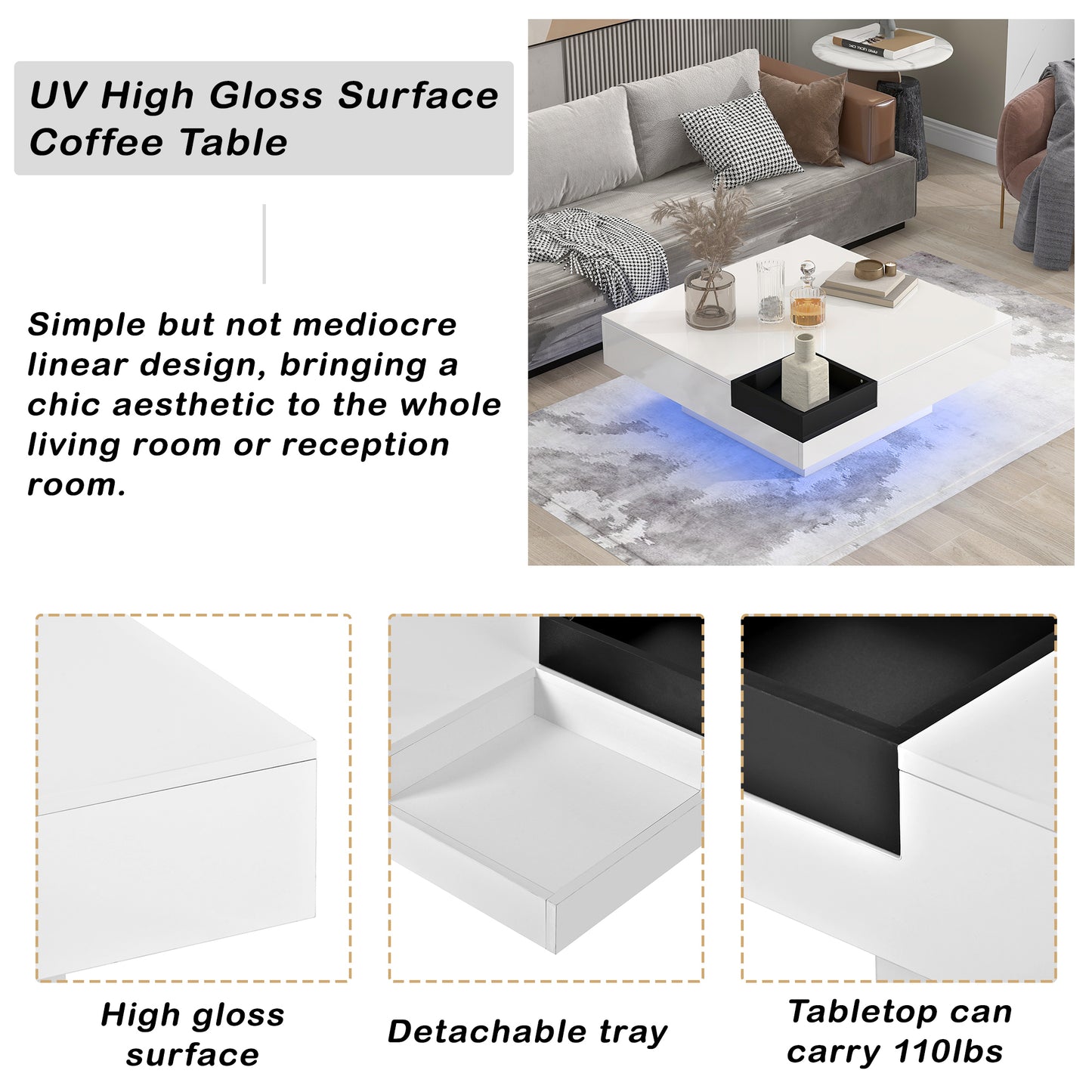 ON-TREND Modern Minimalist Design Square Coffee Table with Detachable Tray & Plug-in LED Strip Lights Remote Control for Living Room - 31.5*31.5in, 16-color