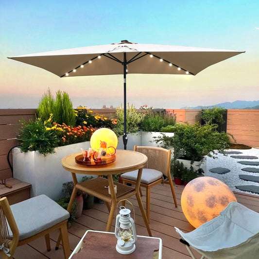 10 x 6.5t Rectangular Patio Solar LED Lighted Outdoor Umbrellas: Crank, Push Button Tilt for Garden, Backyard, Pool.