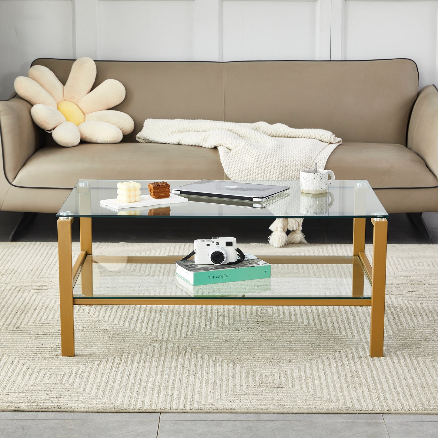 Clear Glass Coffee Table with Golden Leg - Stylish, Modern, and Spacious