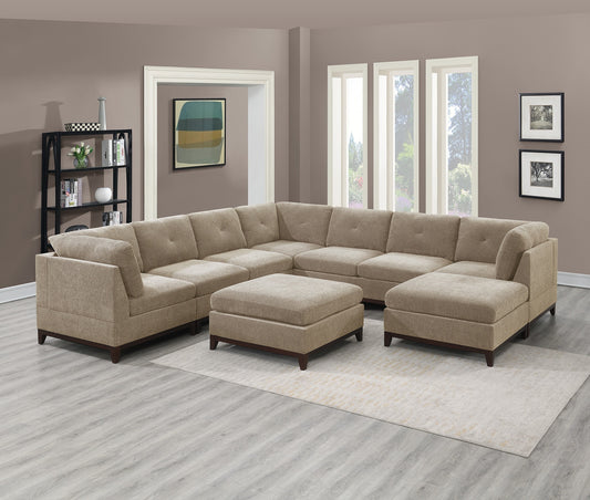 Camel Chenille Modular Sectional Set: 9pc Living Room Furniture, Corner Sectional Couch with Tufted Back, Exposed Wooden Base, 3x Corner Wedge, 4x Armless Chairs, 2x Ottomans - Various Sizes & Colors