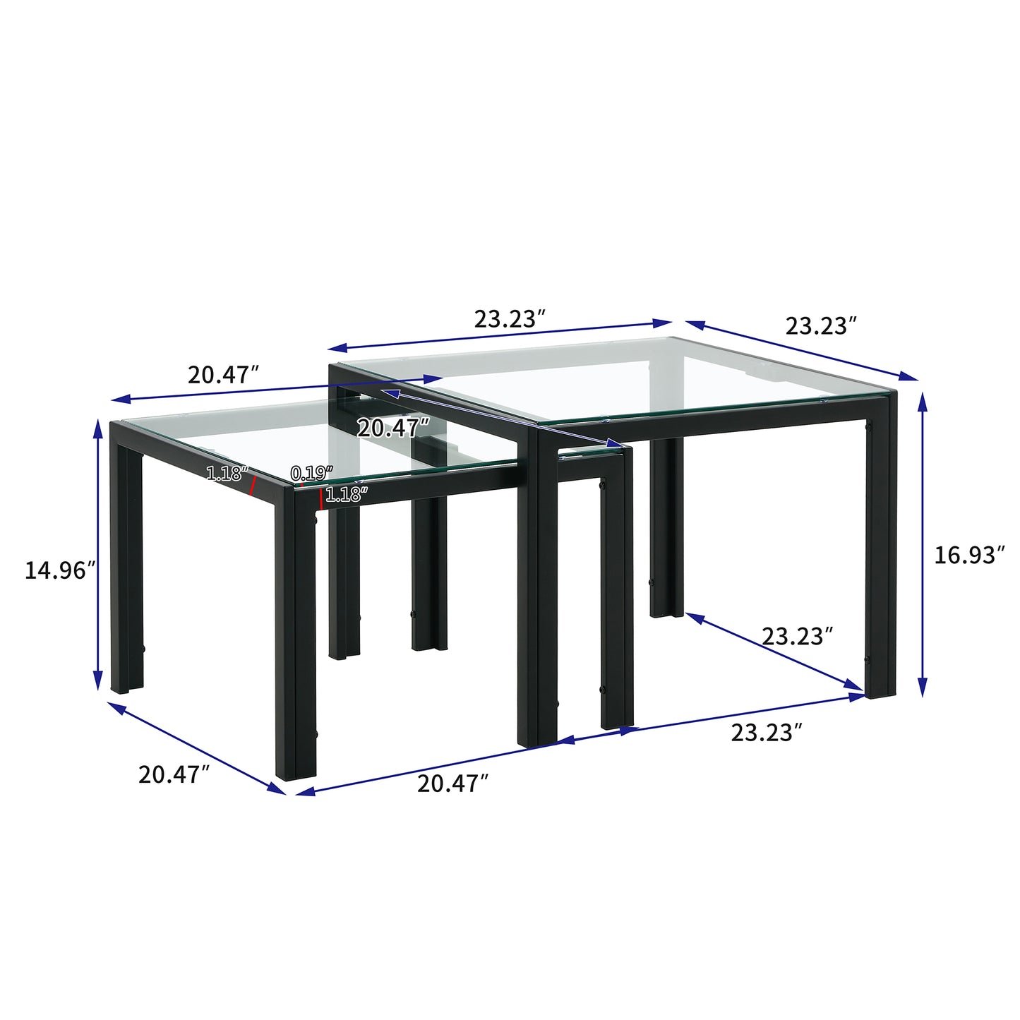 Nesting Coffee Table Set of 2, Square Modern Stacking Table with Tempered Glass Finish for Living Room, Transparent - Sleek and Space-Saving Furniture with Contemporary Design.