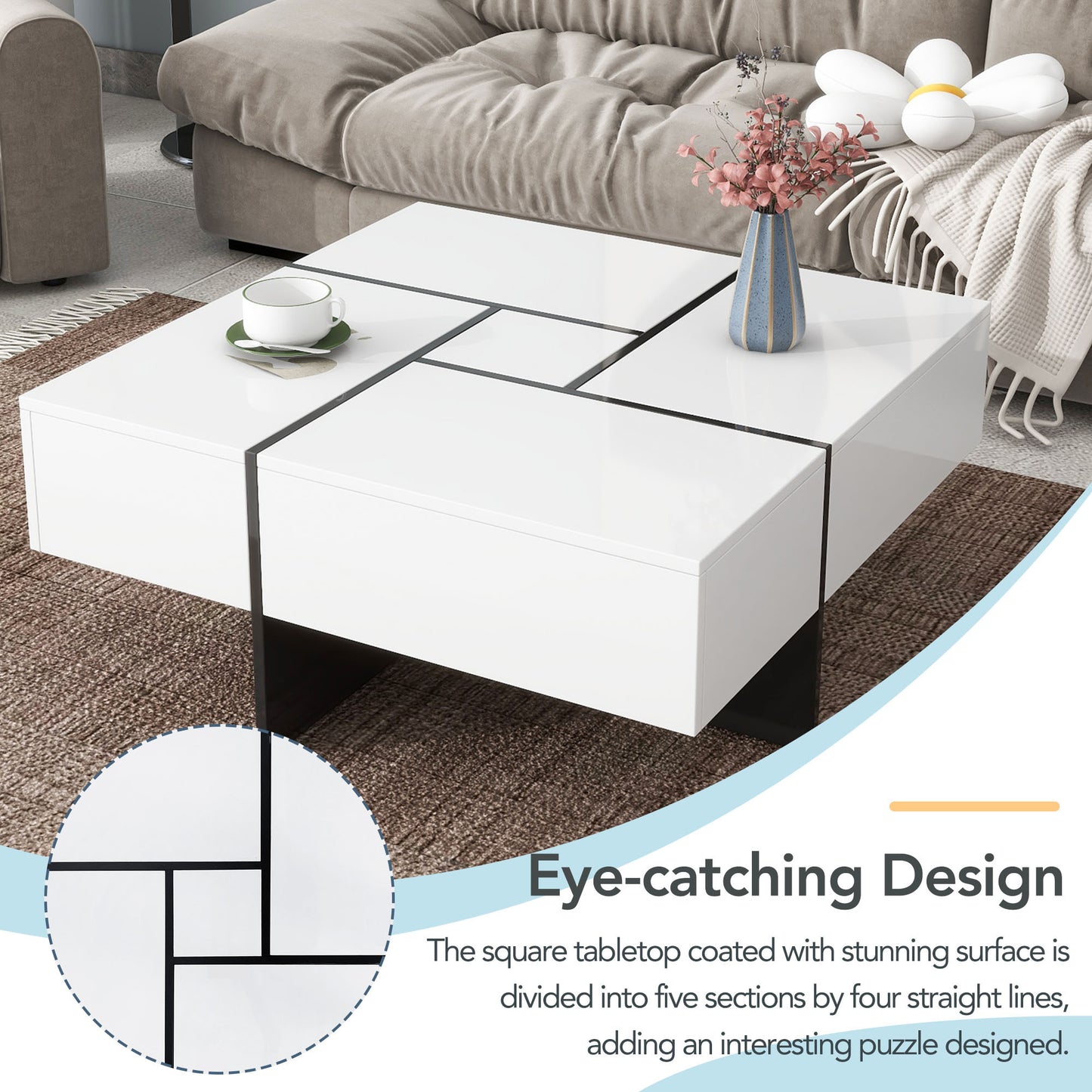 ON-TREND Coffee Table with 4 Hidden Storage Compartments, Extendable Sliding Tabletop, UV High-gloss Design for Living Room, 31.5"x 31.5"