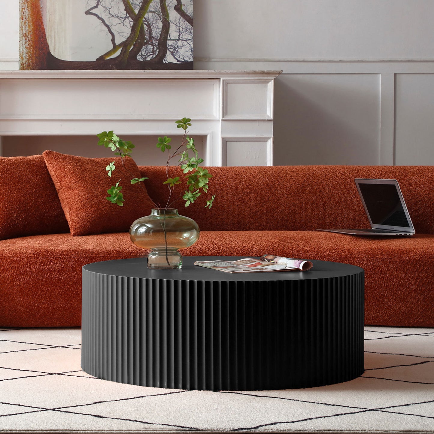 Sleek and Modern Round Coffee Table with Eye-Catching Relief Design, Black - Stylish and Contemporary Furniture Piece with Captivating Details