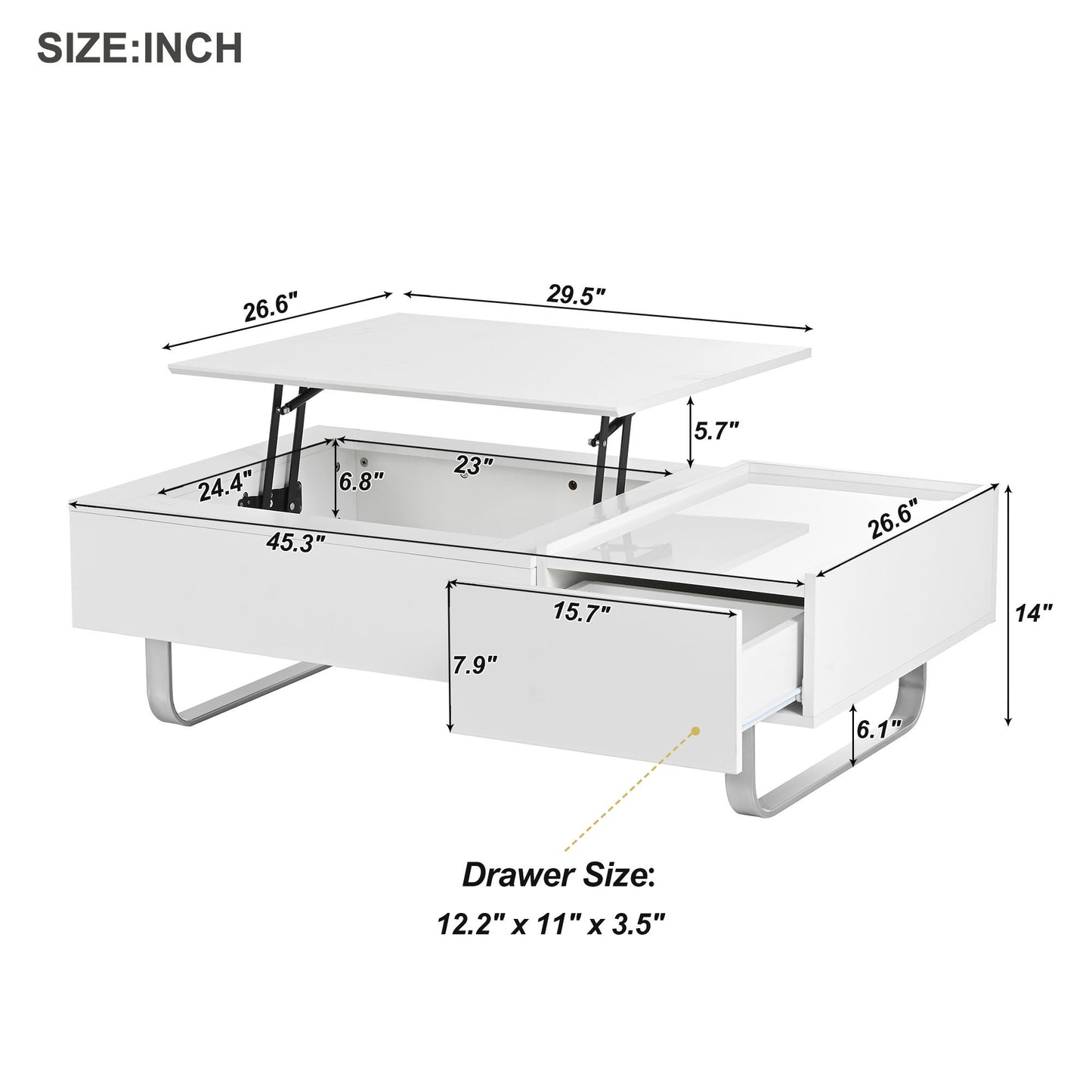 ON-TREND Multi-functional Coffee Table with Lifted Tabletop, Metal Frame Legs, High-gloss Surface, White