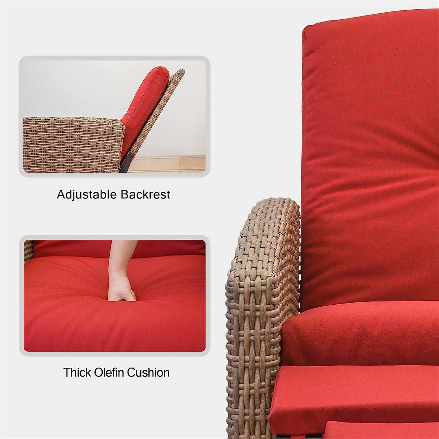 Indoor & Outdoor Recliner, All-Weather Wicker Patio Chair, Red Cushion - Red, 1 Chair