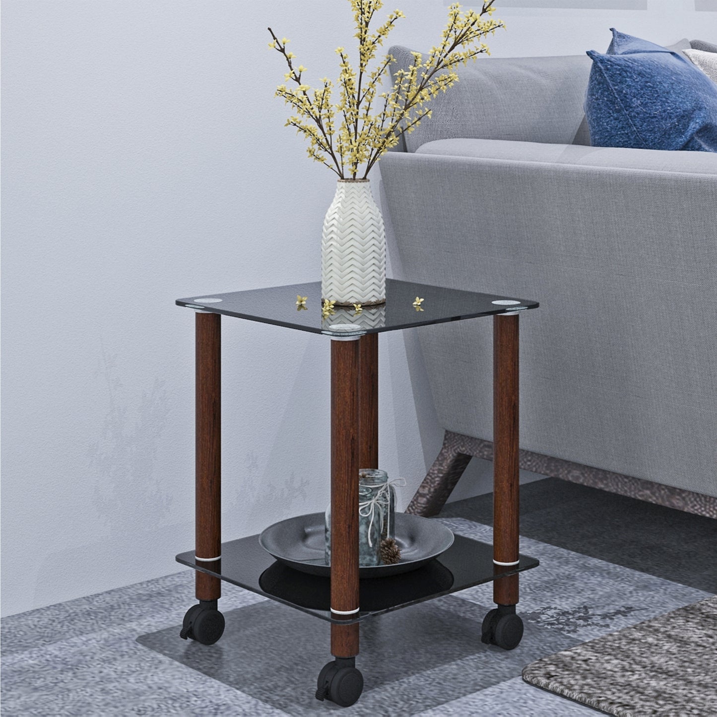 1-Piece Black + Walnut Side Table | 2-Tier Space End Table | Modern Night Stand | Sofa table | Side Table with Storage Shelf