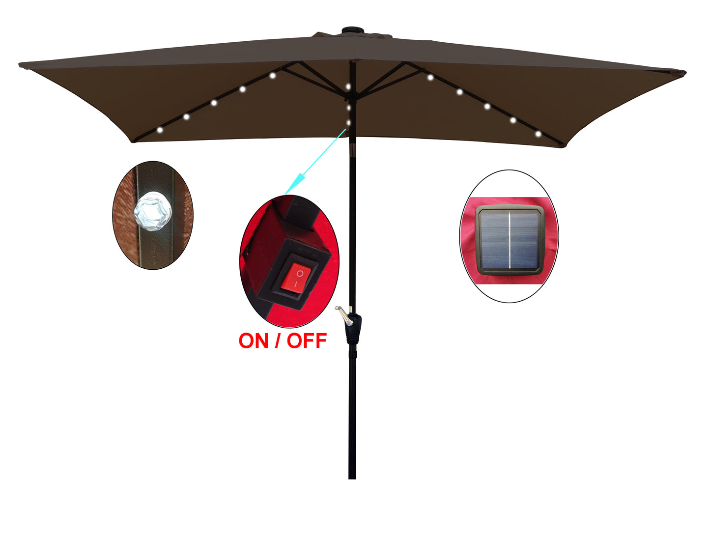 10 x 6.5t Rectangular Patio Umbrella - Solar LED Lighted Outdoor Market Table Waterproof Umbrellas - Crank, Push Button Tilt - Garden Deck Backyard Pool Shade - Outside Deck Swimming Pool - Black