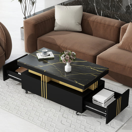 ON-TREND Contemporary Coffee Table, Faux Marble Top, Rectangle Cocktail Table with Caster Wheels, Moderate Luxury Center Table, Gold Metal Bars, Black