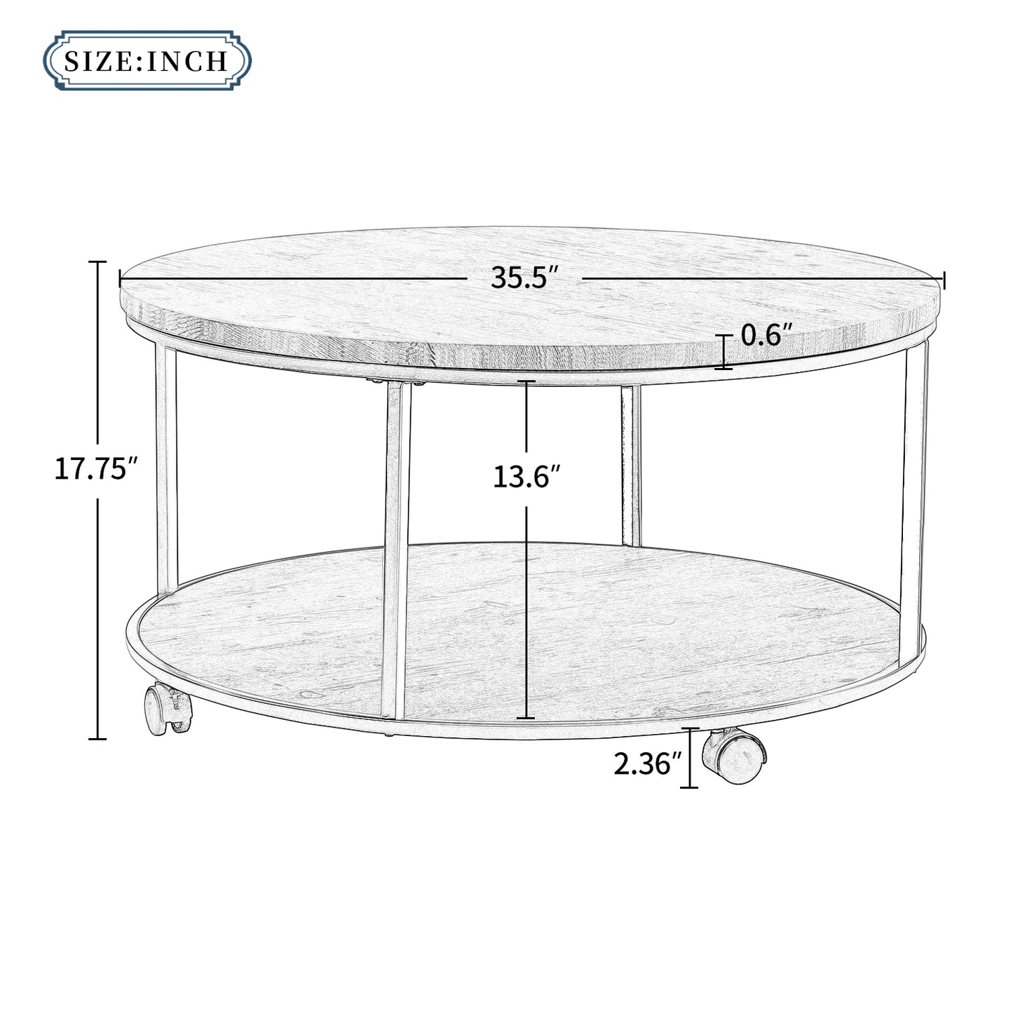 ON-TREND Round Coffee Table with Caster Wheels and Wood Textured Surface, Distressed Brown, φ35.5” for Living Room