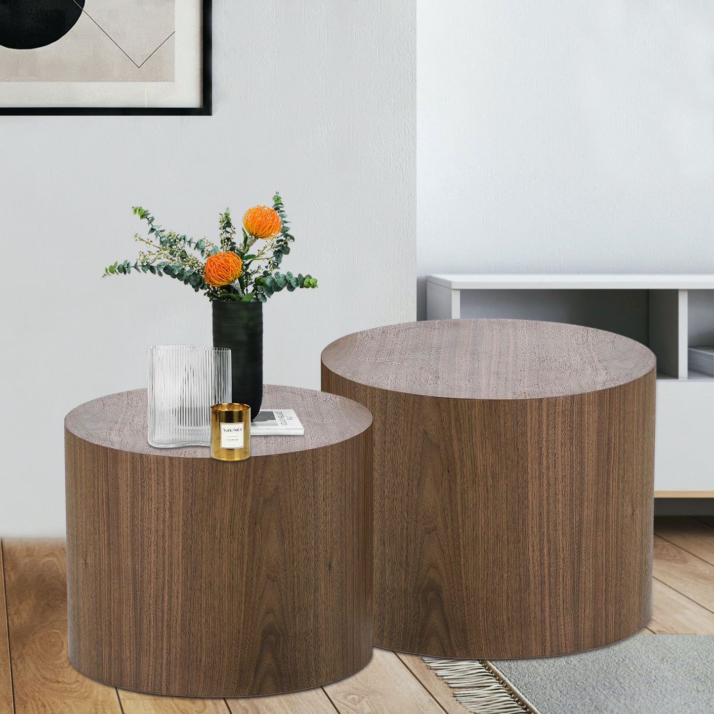 MDF Veneer Sidetable/Coffee Table/End Table/Ottoman - Ash/Oak/Walnut Veneer, Walnut Finish, Various Sizes