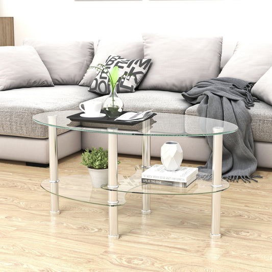 Transparent Oval Glass Coffee Table - Modern Stainless Steel Leg - 3-Layer Glass Tea Table for Living Room