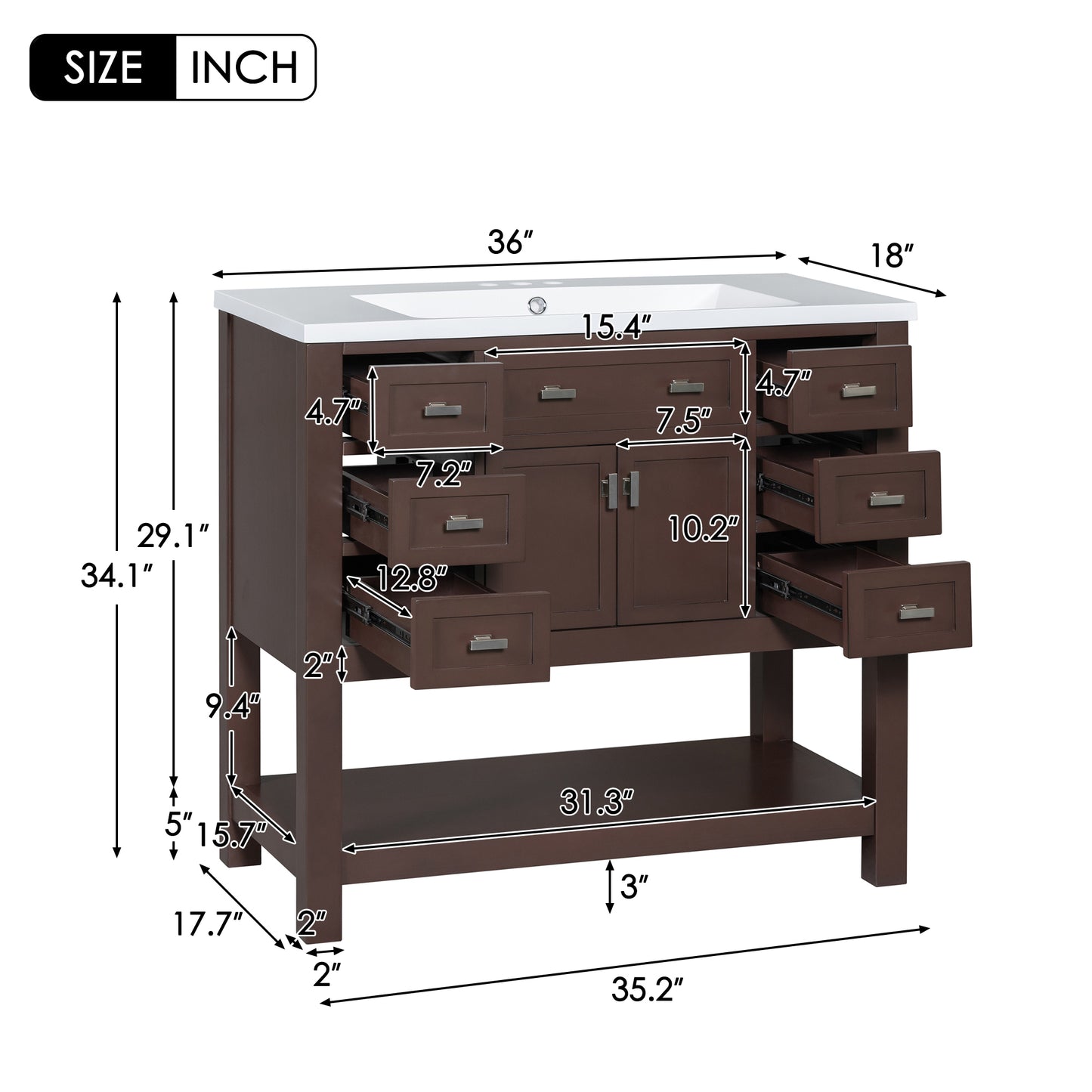 36'' Bathroom Vanity with Top Sink, Modern Storage Cabinet, Soft Closing Doors & 6 Drawers, Brown MDF Material