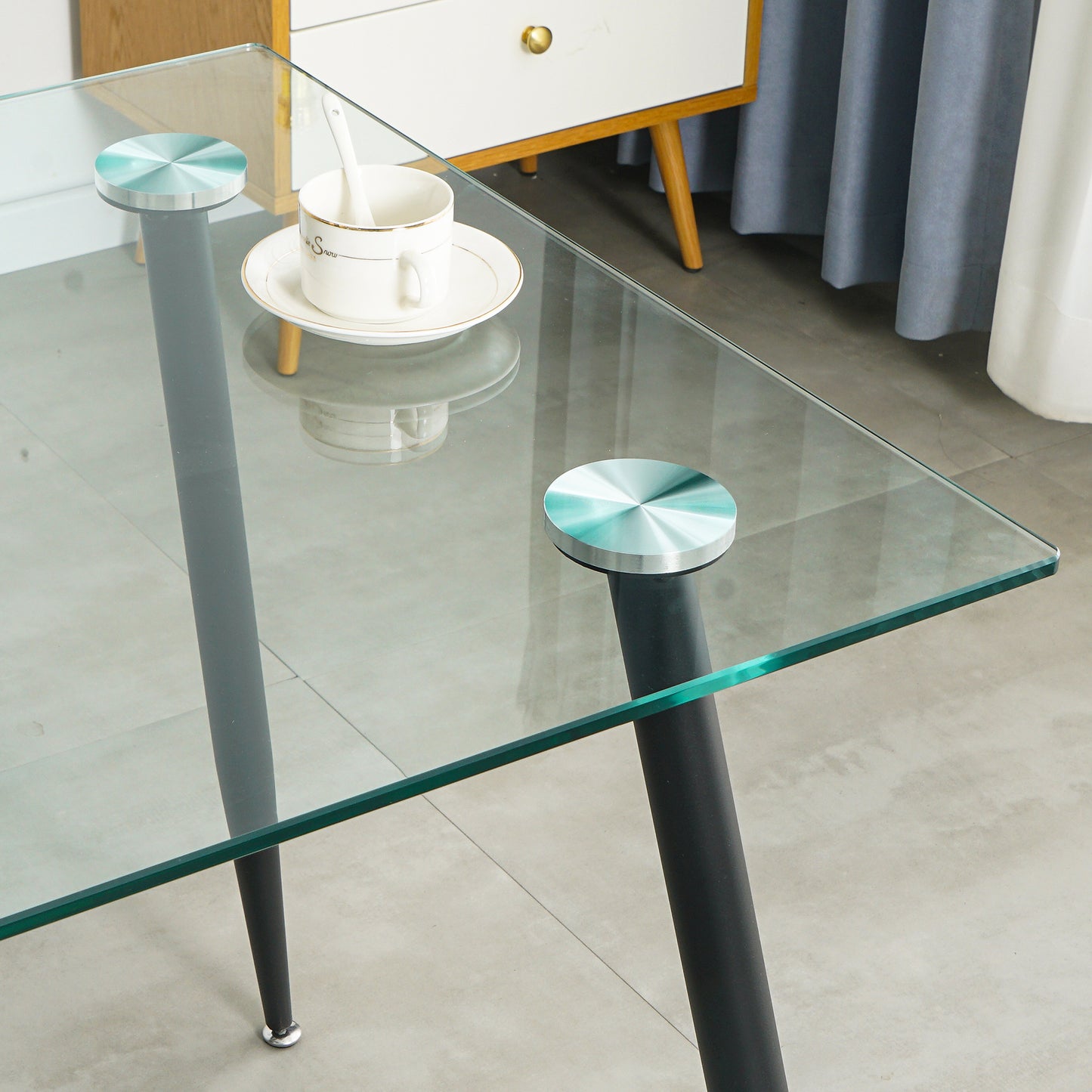 Kitchen Dining Room Table - 10mm Clear Glass, Black Metal Legs - Modern Design, Transparent Surface - 220 Letters