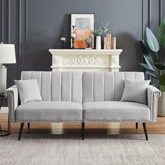 Grey Velvet Loveseat Sofa Bed - Comfortable and Stylish Convertible Furniture for Small Spaces - Queen Size Sleeper Sofa with Soft Velvet Upholstery