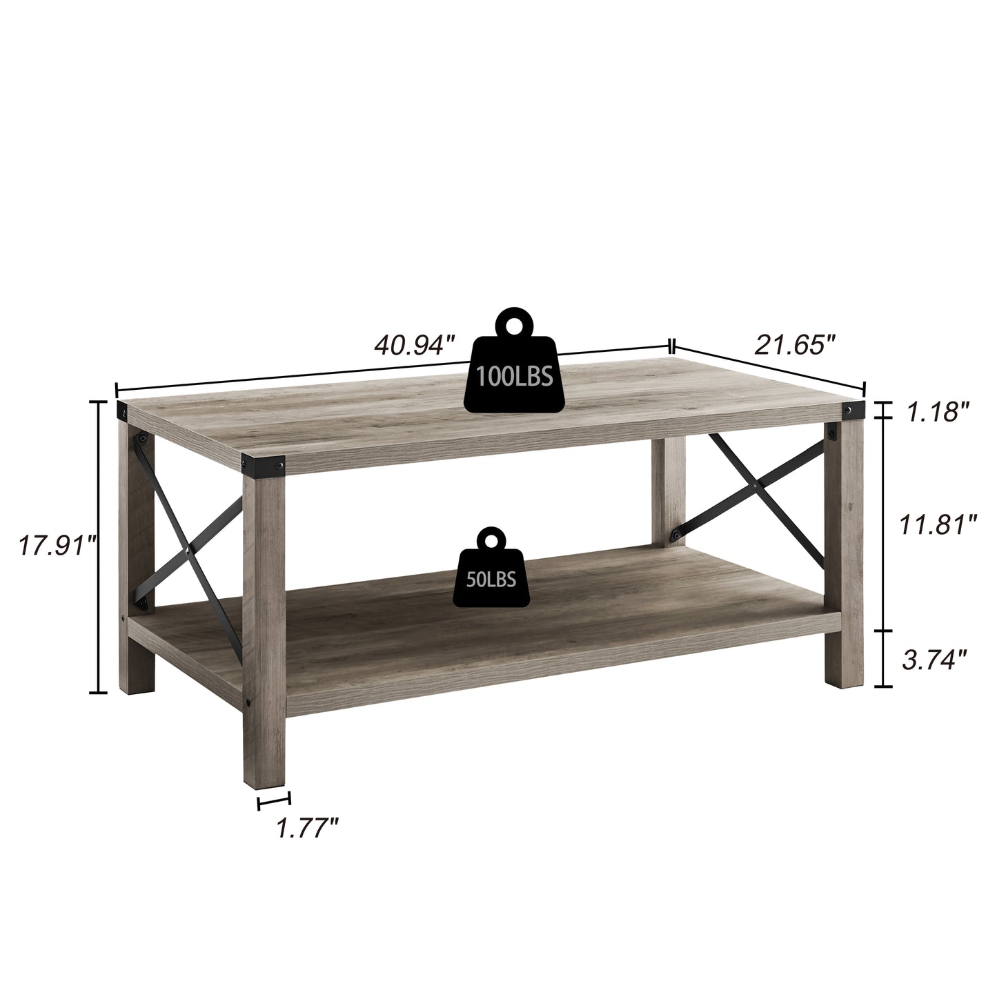 JHX 2-Tier Modern Farmhouse Coffee Table | Wood Rectangle Cocktail Table with Metal X-Frame | Gray, 40.94" w x 21.65" d x 17.91" h